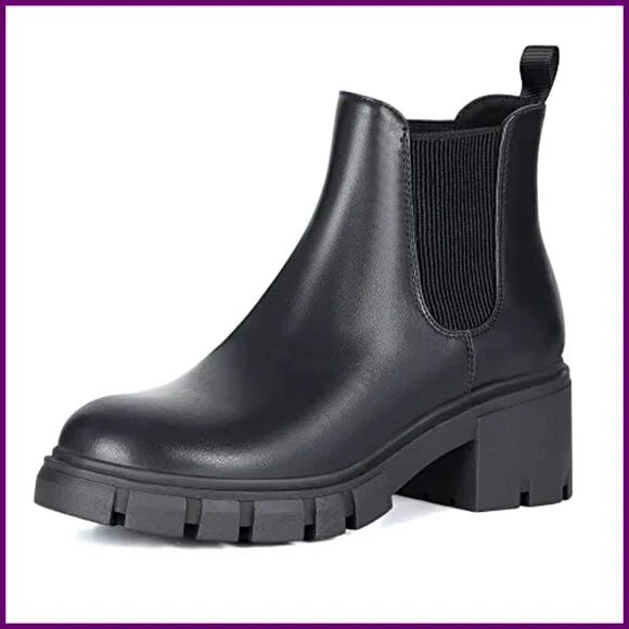 Women's Chelsea Boots Lug Sole Chunky Heel Slip On Elastic Ankle Booties